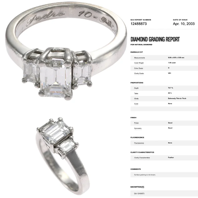 1.48CTW GIA Emerald Cut Diamond Classic 3 Stone Engagement Ring Platinum G VS1