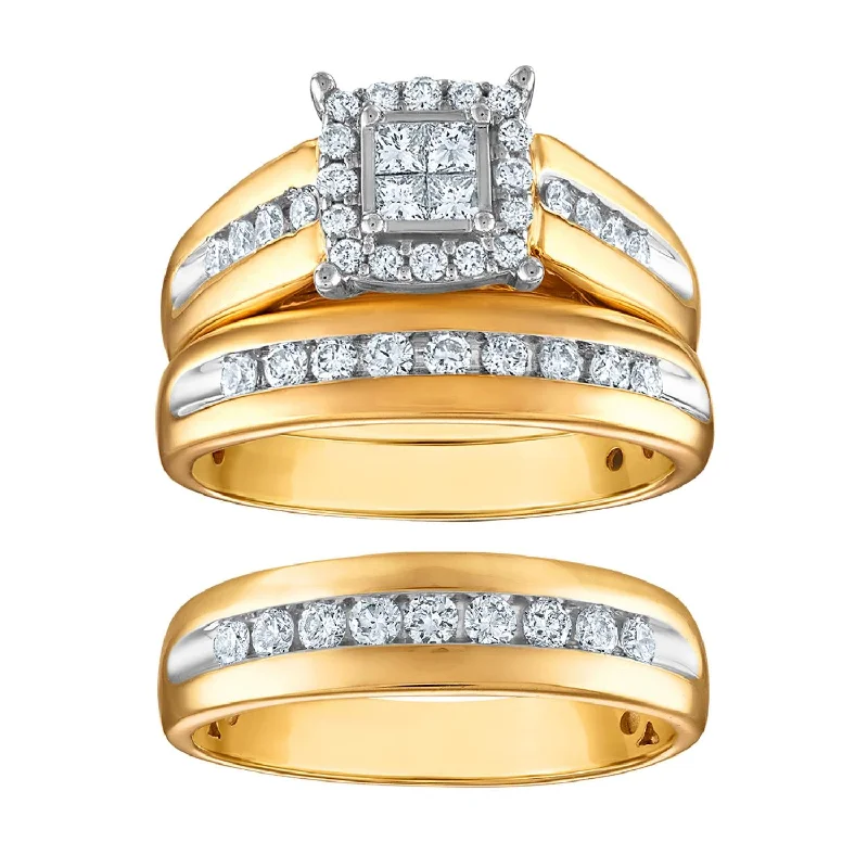 1 CTW Diamond Cushion Shaped Wedding Trio Set in 10KT White and Yellow Gold