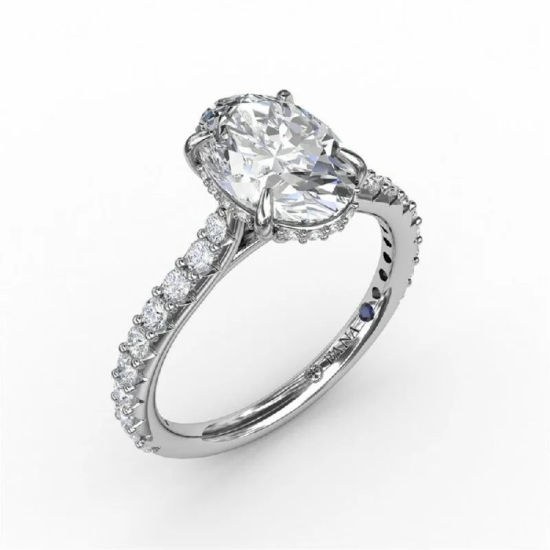 14K White Gold Classic Oval Diamond Solitaire Engagement Ring With Hidden Pavé Halo | FANA