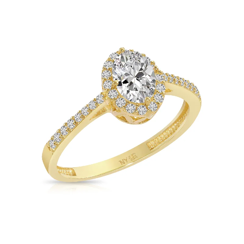 14K Yellow Gold Oval Halo 1 Carat Engagement Ring With Side Stones