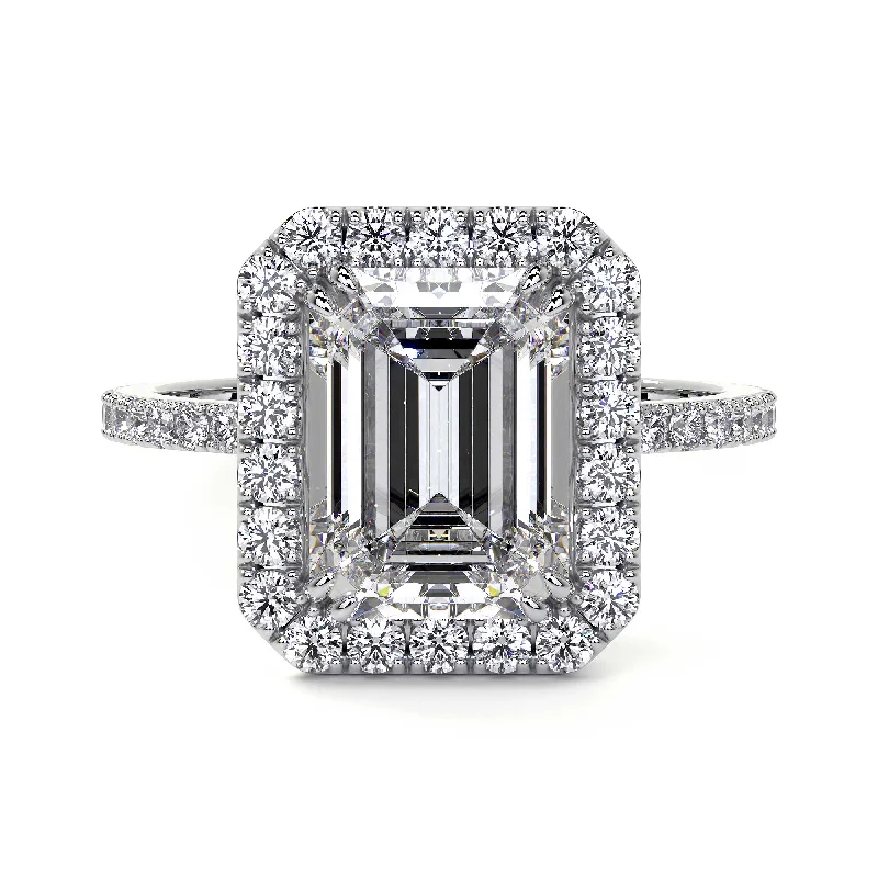 Emerald Cut Diamond Ring With Halo, 2 CT, White Gold