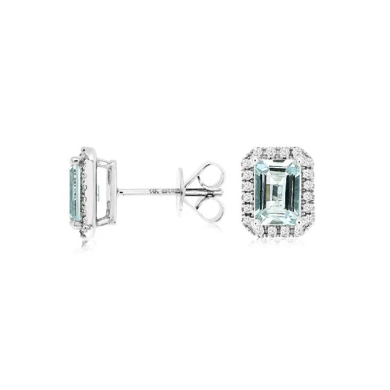 Emerald Cut Aquamarine Diamond Halo Studs