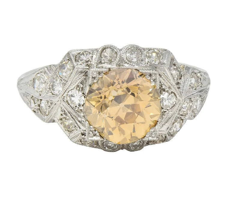 Art Deco 2.64 CTW Fancy Brown-Yellow Diamond Platinum Vintage Twist Engagement Ring GIA