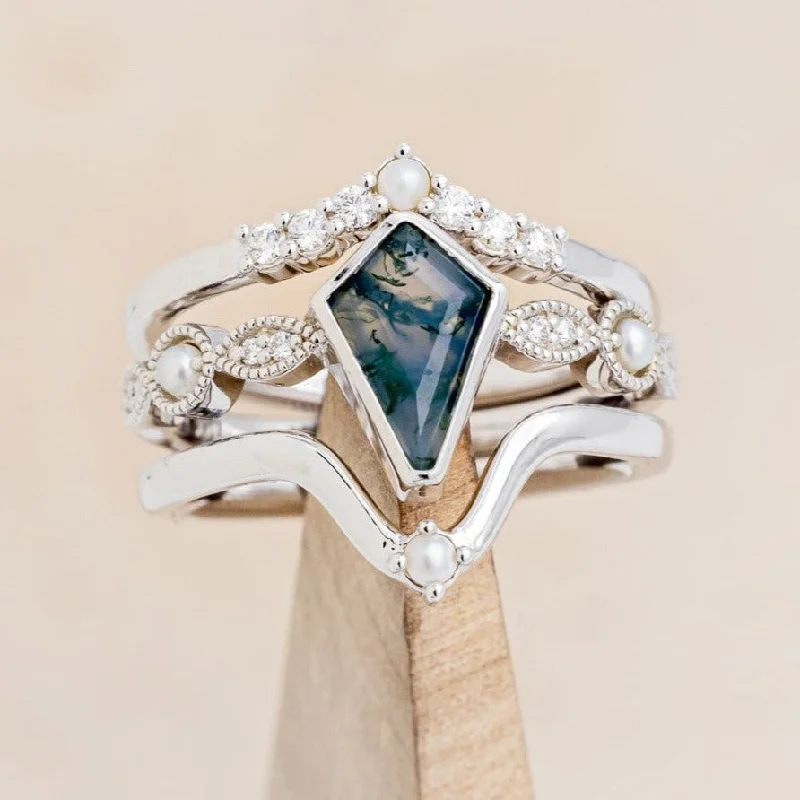 "BIANCA" - BRIDAL SUITE - KITE CUT MOSS AGATE ENGAGEMENT RING WITH PEARLS & DIAMOND ACCENTS