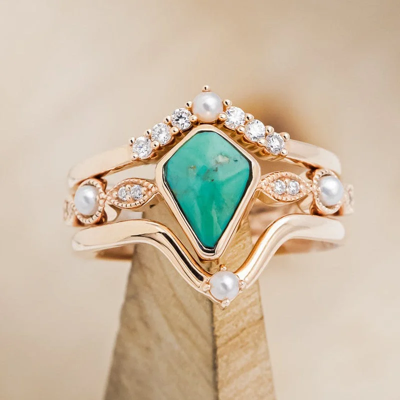 "BIANCA" - BRIDAL SUITE - KITE CUT TURQUOISE ENGAGEMENT RING WITH PEARLS & DIAMOND ACCENTS