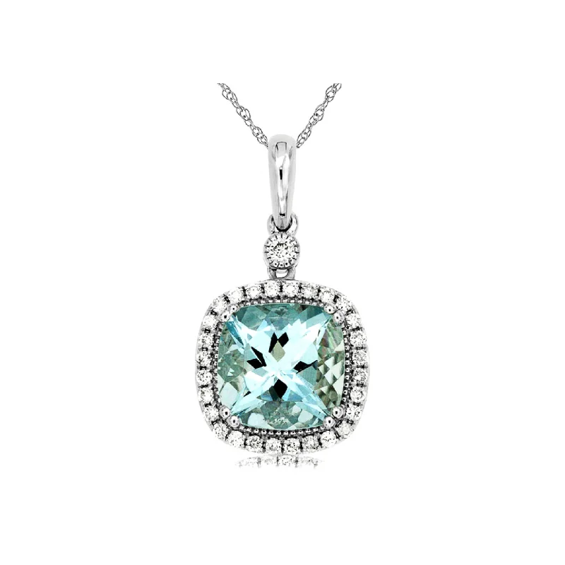 Cushion Aquamarine Pendant with Diamond Halo