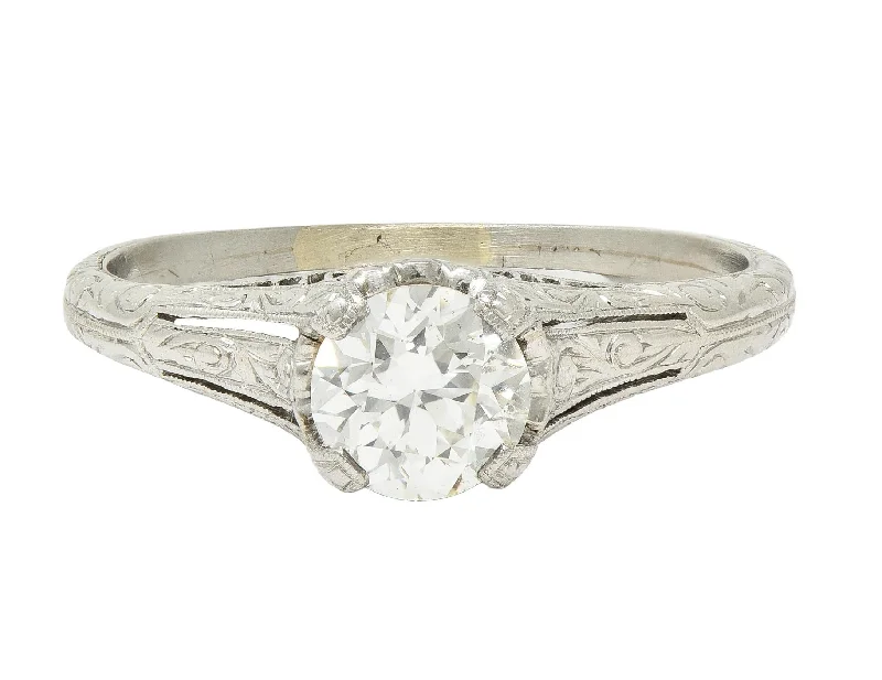 Edwardian 0.72 CTW Old European Diamond Platinum Antique Scrolling Solitaire Engagement Ring