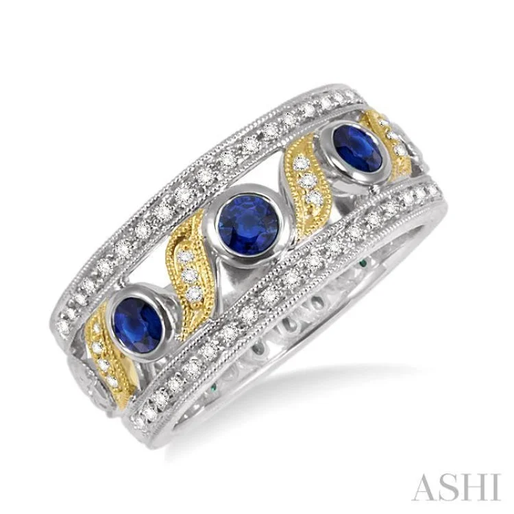 3x3MM Diamond cut Round Sapphire and 1/6 Ctw Round Cut Diamond Fashion Ring in 14K White and Yellow Gold