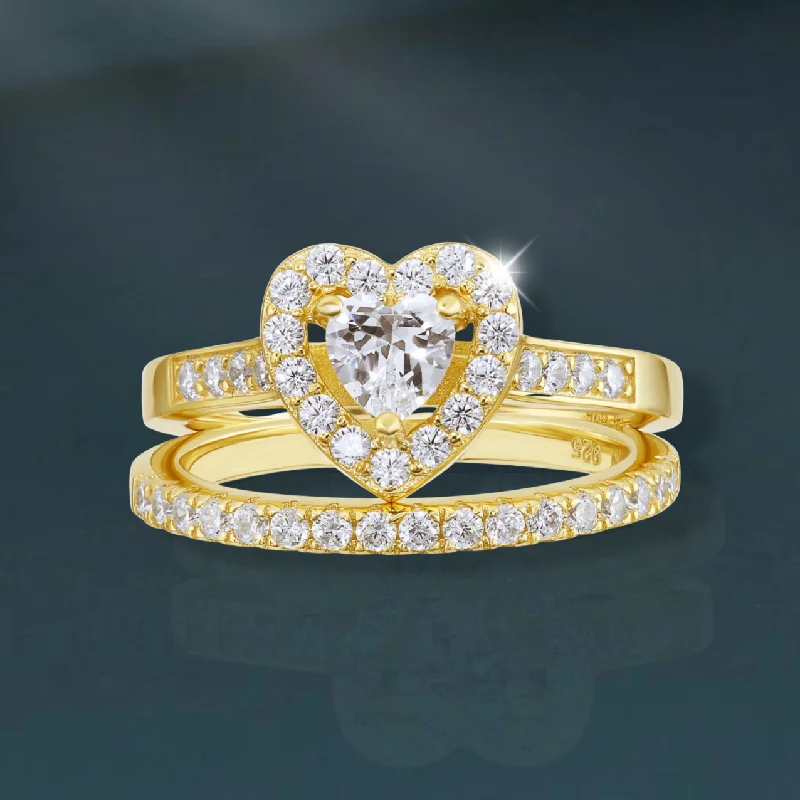 CZ Heart Engagement Ring Set, Gold Plated in Sterling Silver