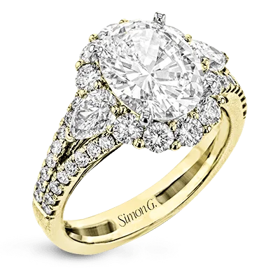 Oval-Cut Three-stone Halo Engagement Ring In 18k Gold With Diamonds