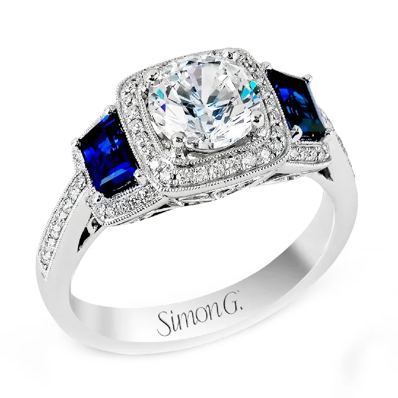 Round-Cut Three-Stone Halo Engagement Ring In 18k Gold With Diamonds & Sapphires