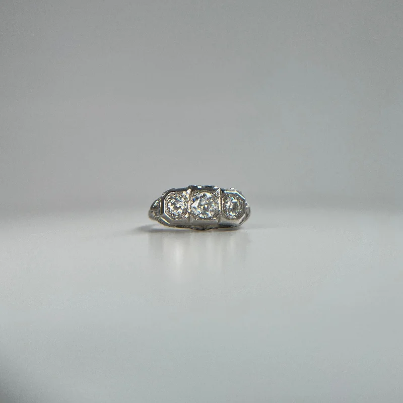 Three Stone Diamond Filagree Ring .85 ct - Circa 1920