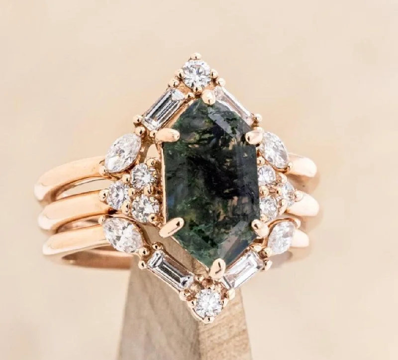 "OCTAVIA" - BRIDAL SUITE - ELONGATED HEXAGON MOSS AGATE ENGAGEMENT RING WITH DIAMOND ACCENTS & "MELODY" TRACERS