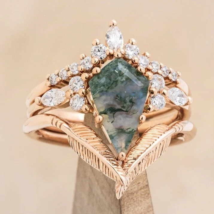 "SAGE" - BRIDAL SUITE - KITE CUT MOSS AGATE ENGAGEMENT RING WITH DIAMOND ACCENTS & TRACERS