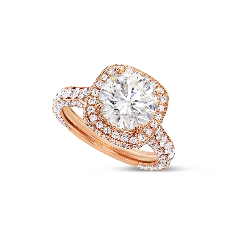 Custom 18K Rose Gold 4.6ct Square Halo Round Diamond Ring