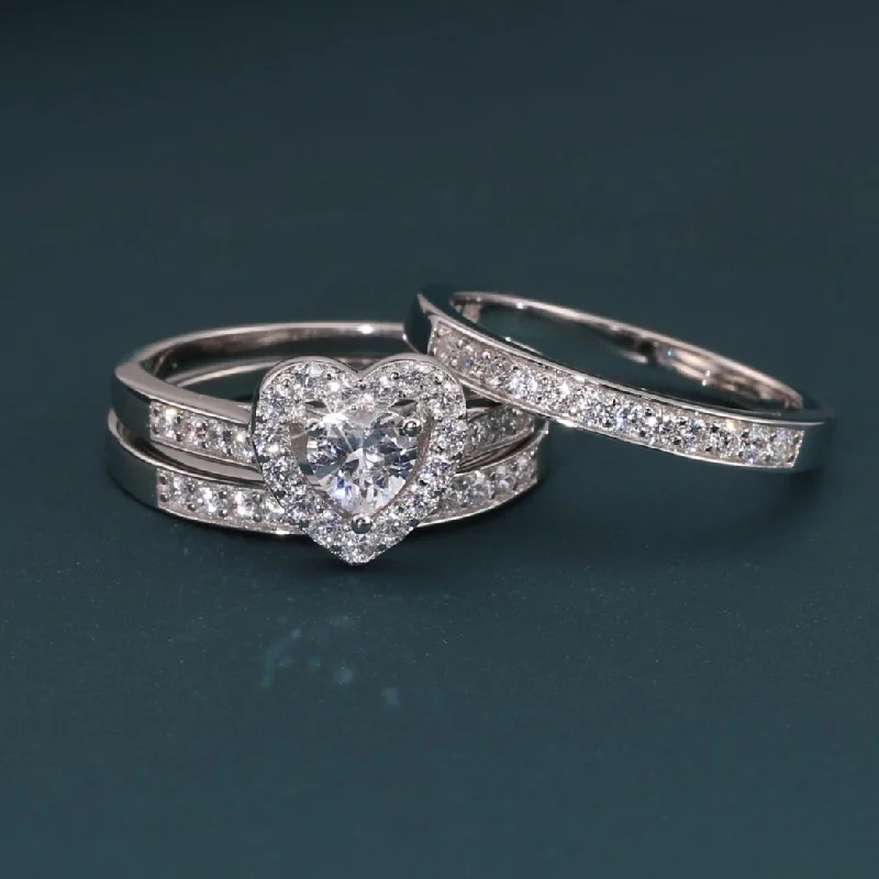 CZ Heart Engagement Ring Set, Three Tier in Sterling Silver