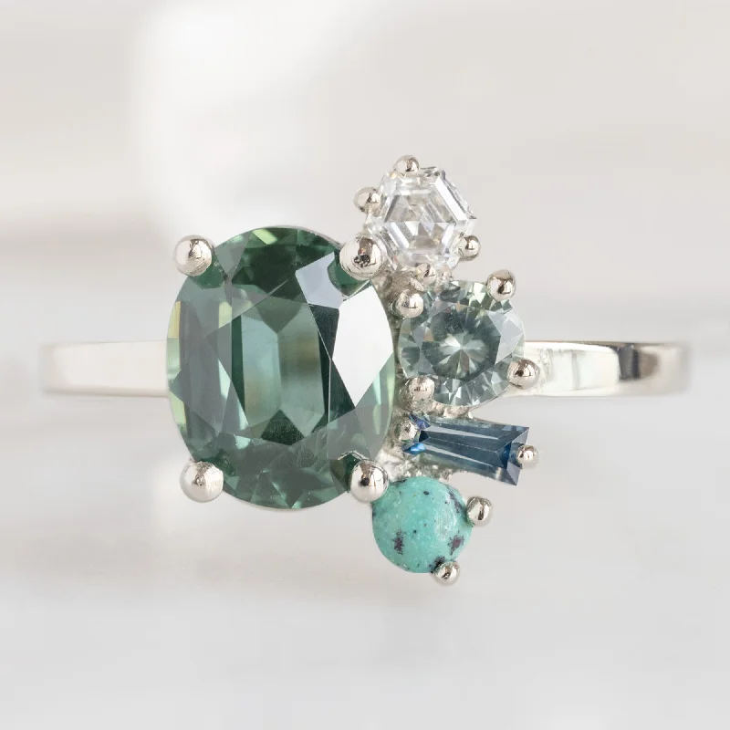 The Watercolor Cluster Ring | 1.53ct Oval Green Sapphire in 14K White Gold