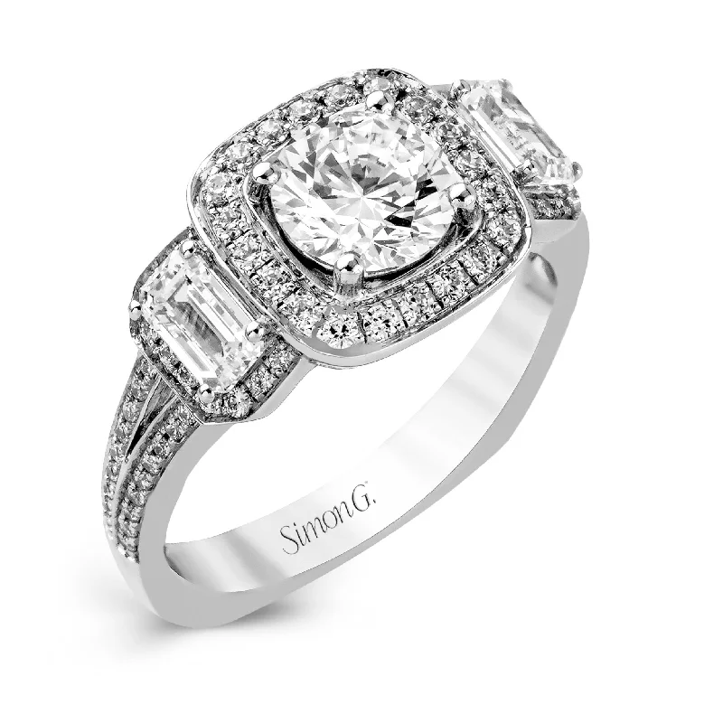 Round-Cut Three-Stone Halo Engagement Ring In 18k Gold With Diamonds