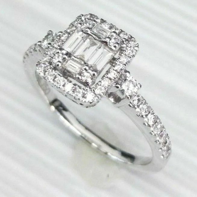 0.68 TCW Halo Baguette & Round Diamond 18K White Gold Engagement Ring Size 6.75