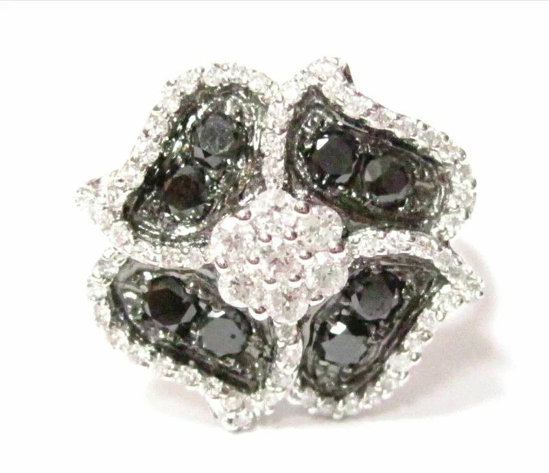 1.10 TCW Round Black & White Diamond Flower Cocktail Ring Size 7 14k White Gold