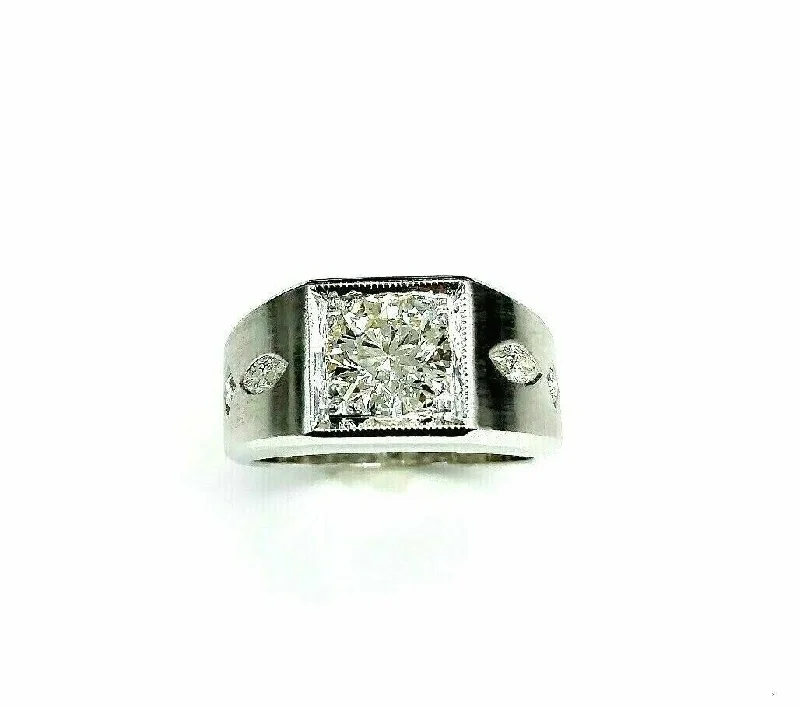 1.45 Carats Round and Marquise Cut Diamond Signet Mens Ring 14K White Gold