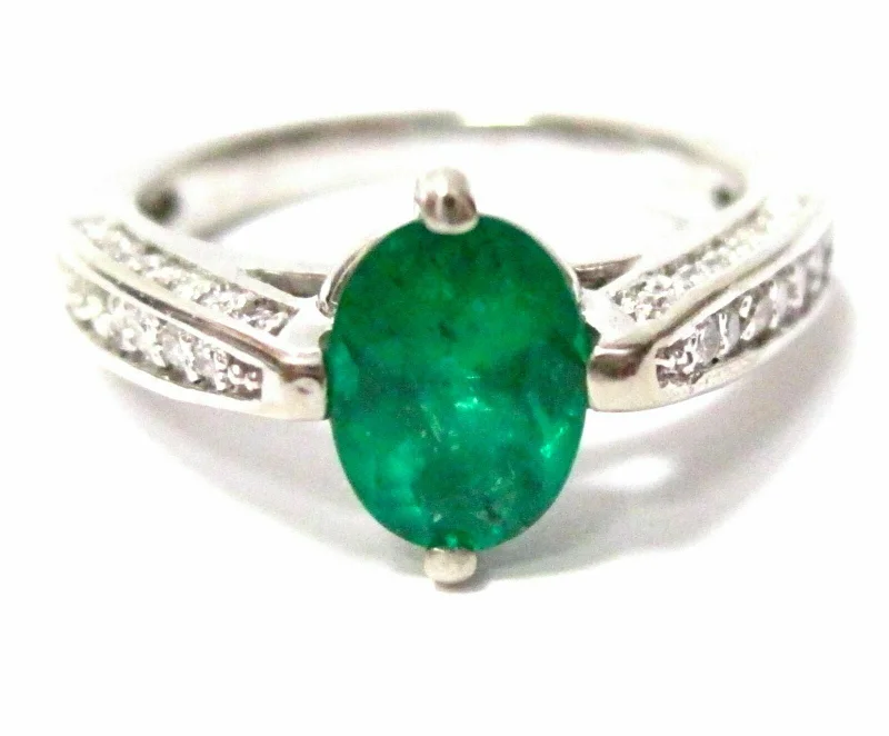 1.54 TCW Columbian Oval Emerald & Diamond Cocktail Ring Size 7 14k White Gold