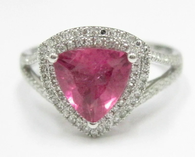 1.54 TCW Trillion Pink Tourmaline & Diamond Ring 14k White Gold Size 6.5