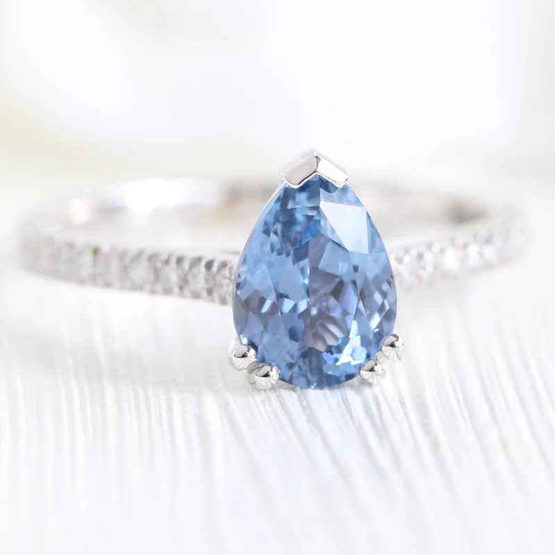 1.65 Ct Pear Aqua Blue Sapphire Diamond Ring in 14k White Gold Grace Solitaire, Size 6.5