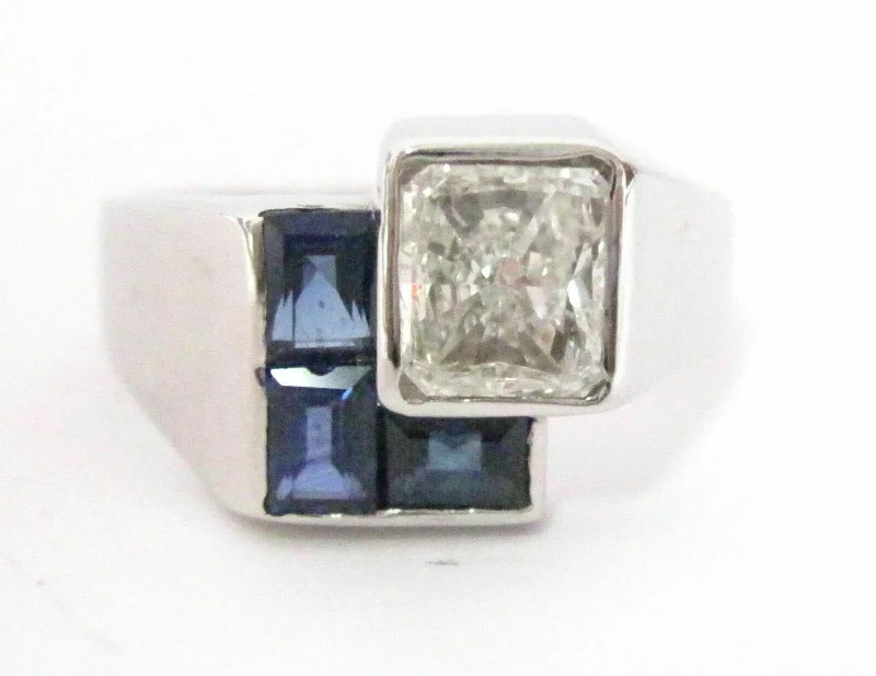 1.70 TCW Natural Blue Sapphire & Radiant Cut Diamond Ring Size 6 18kt White Gold