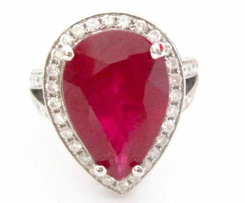 10.51 TCW Pear Cut Ruby w/ Diamond Accents Cocktail Ring Size 6 18k White Gold