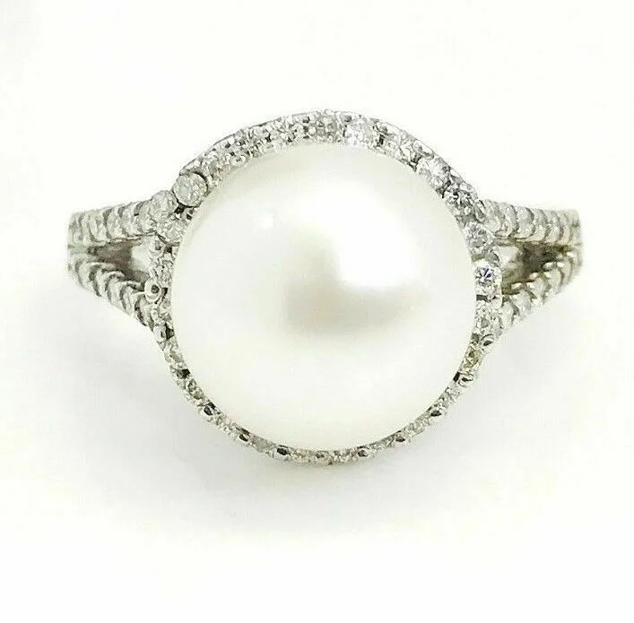 10 mm Round Pearl Ring with Halo Diamond Accents in 14K White Gold