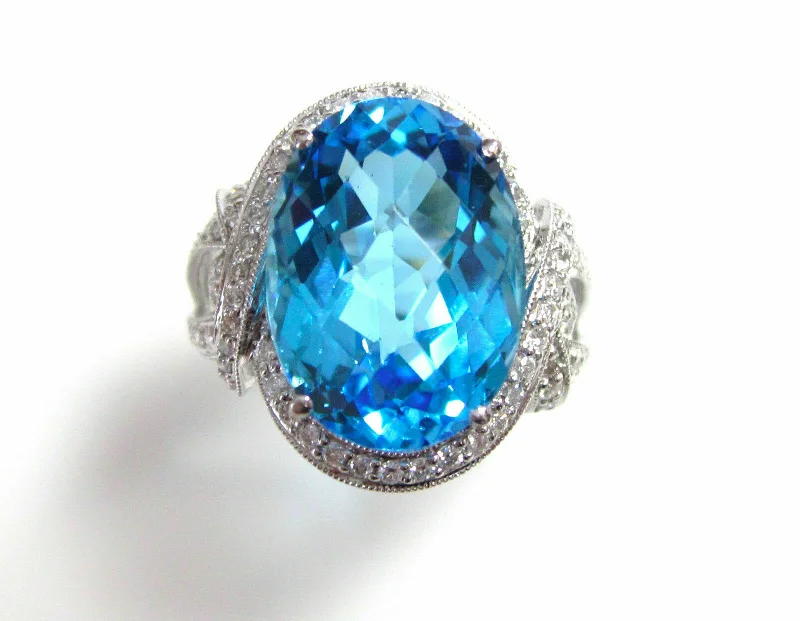 11.10 TCW Natural Oval Blue Topaz & Diamond Cocktail Ring 18k White Gold Size6.5