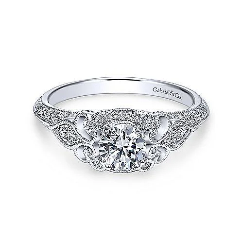 Ornate Bead Set Round Diamond Ring 14K White Gold 197A