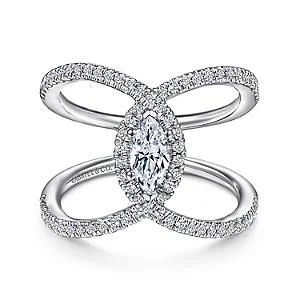 Wide Looped Marquise Halo Diamond Ring 14K White Gold