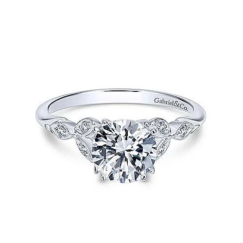 Dainty Floral Style Round Diamond Ring 14K White Gold 191A