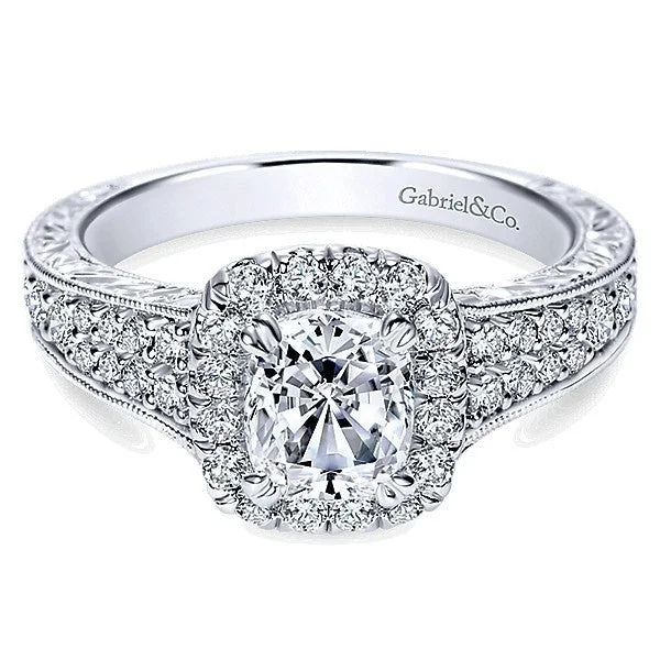 Double Row Cushion Cut Halo Diamond Ring 14k White Gold 212A