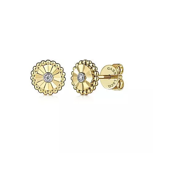 14K Yellow-White Gold  .02cttw Bezel Set in White Gold Diamond Cut Stud Earrings