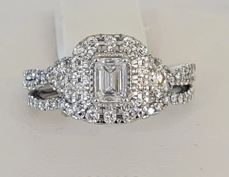 14kt White Gold Emerald Cut Halo Wedding Set