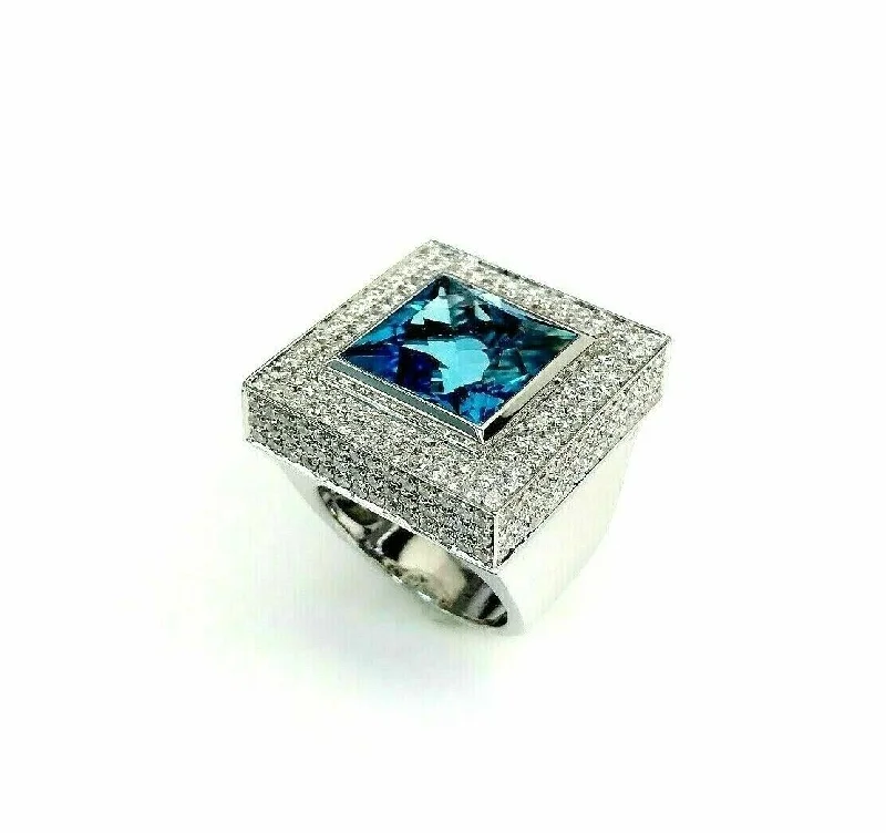 19.95 Carats Blue Topaz & Pave Diamond 4 Sided Celebration Ring 18k White Gold