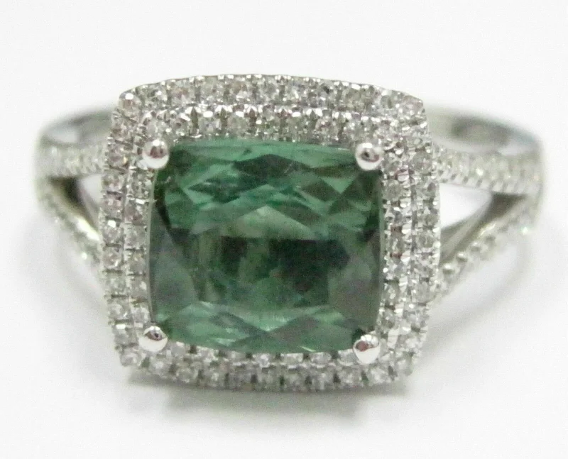 2.11TCW Radiant Green Tourmaline & Diamond Ring 14k White Gold Size 6