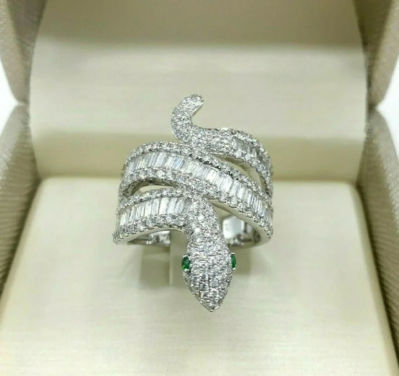 2.33 Carat Pave Channel Diamond and Emerald Snake Serpant Ring 18K White Gold