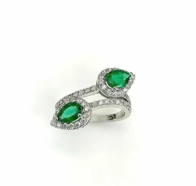 2.39 Carats t.w. Diamond and Natural Emerald Bypass Ring 14K White Gold