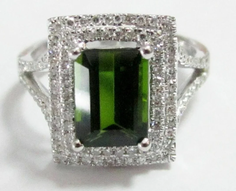 2.39 Radiant Green Tourmaline & Diamond Cocktail Ring 14k White Gold Size 6.5