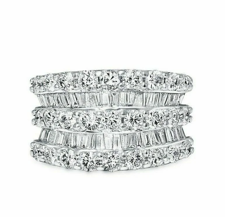 2.40 TCW Diamond Round and Baguette Layers 14k White Gold Cocktail Ring Size 7