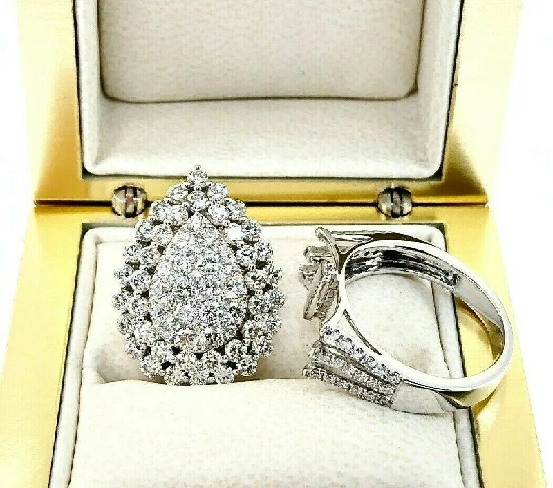 2.68 Carat t.w Large Pear Halo Diamond Pave Ring/Pendant Combo 18K White Gold