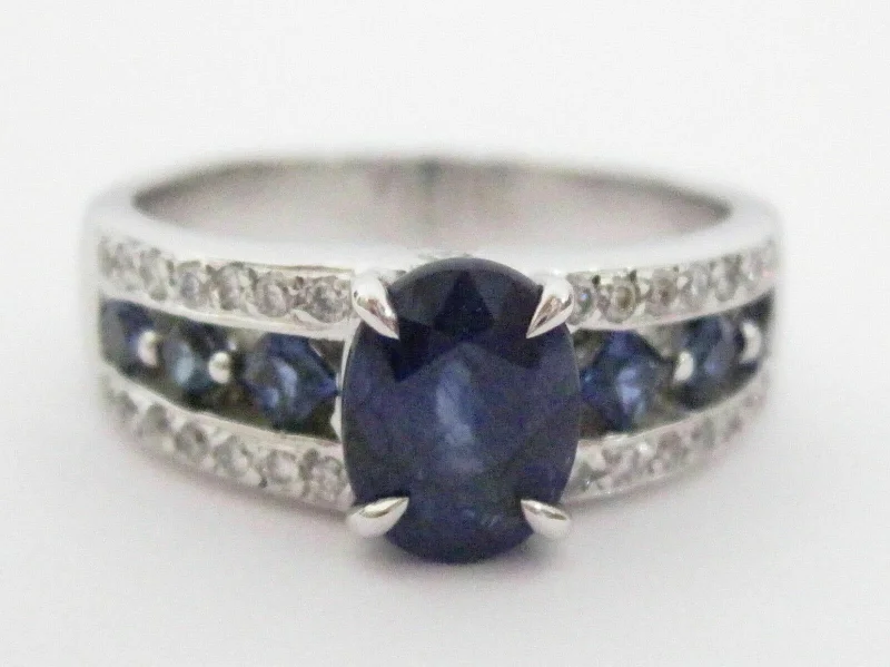 2.84 Natural Blue Sapphire & Diamond Accents Ring Size 8 18k White Gold