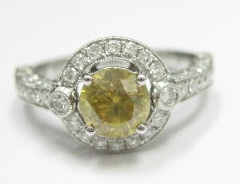 3.22 TCW Art Deco Fancy Yellow Diamond Solitaire Ring Size 6.75 18k White Gold