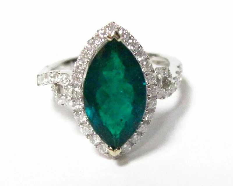 3.35 TCW Marquise Columbian Emerald&Diamond Cocktail Ring Sz 6.5 18k White Gold