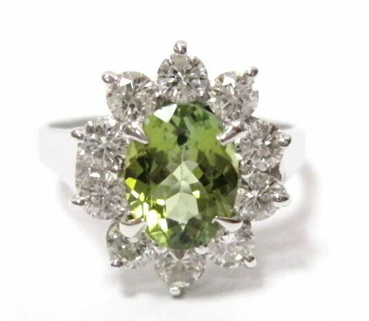 3.71 TCW Oval Green Tourmaline & Diamond Flower Ring Size 6.5 18k White Gold