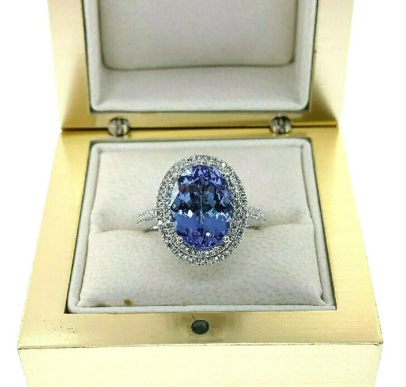 4.90 Carats Diamond and Oval Tanzanite Halo Celebration Ring 14K White Gold